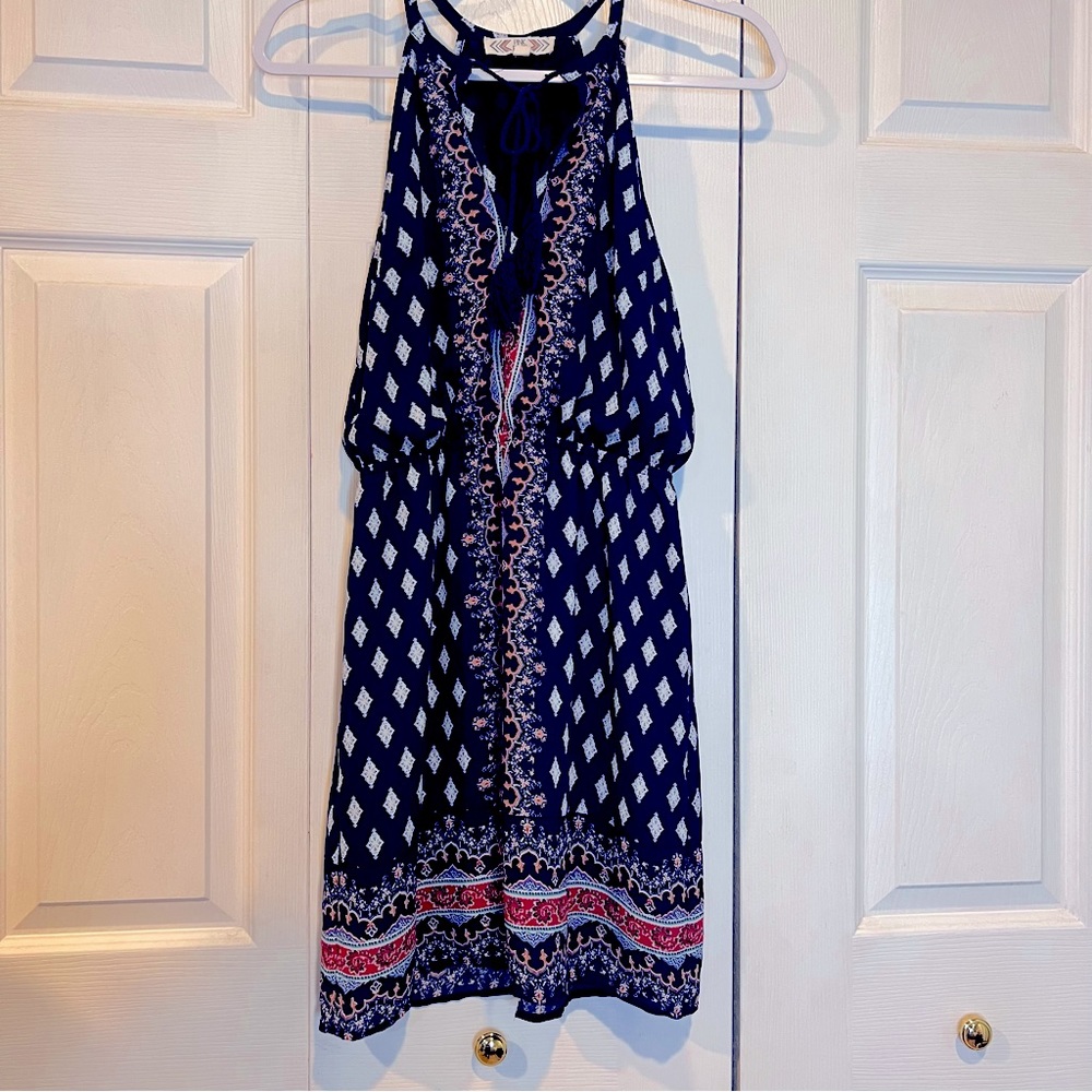🩷 Pink Rose Blue and White Halter Dress - size small